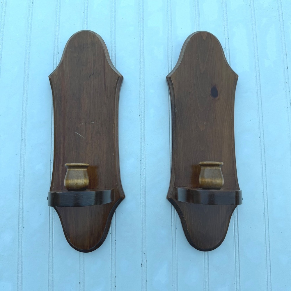 Vintage Wood Wall Sconce Pair Brown Colonial Style Candle Holder Set 12 Inch